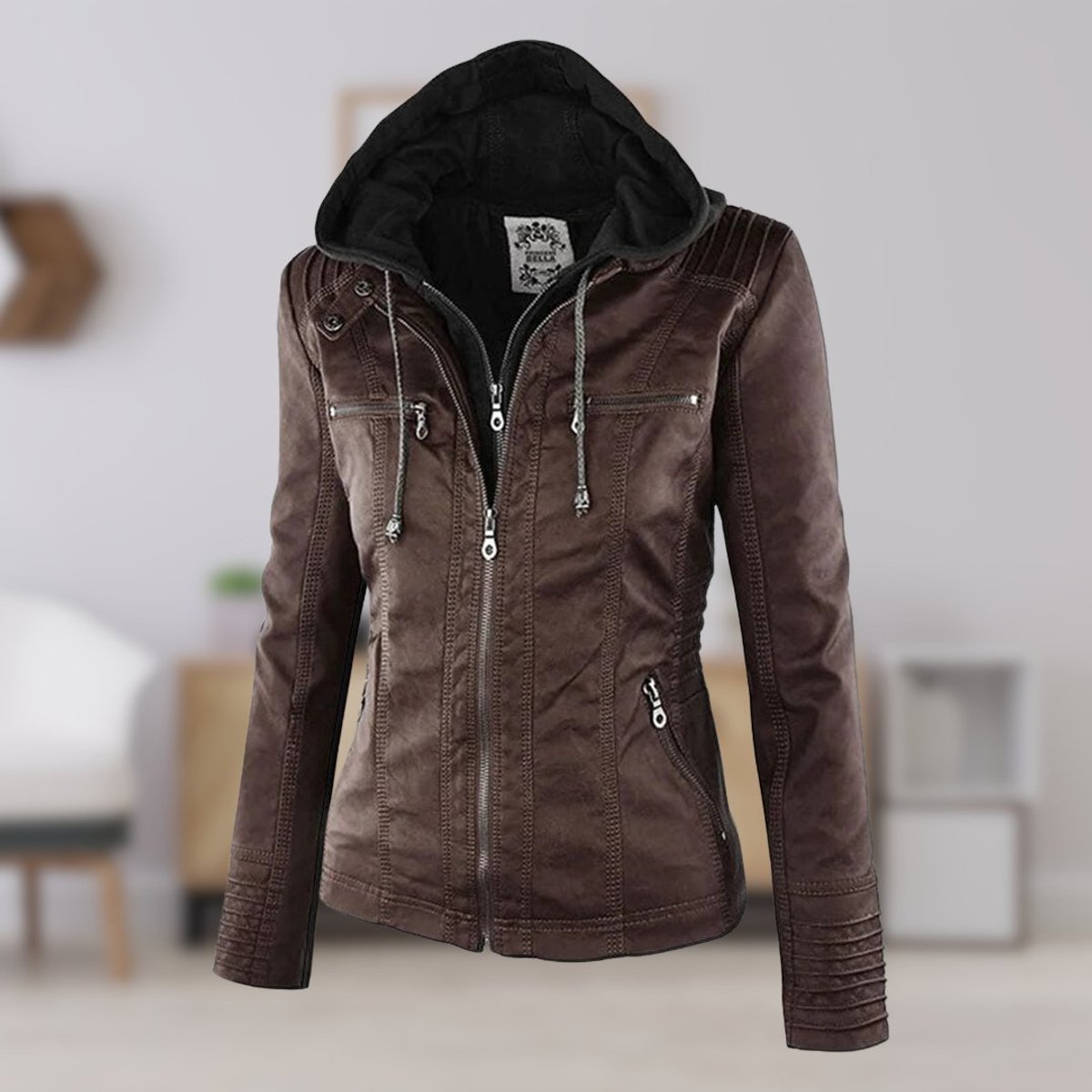 Lucinda removable-hood biker jacket in dark brown with black hood, three-quarter view