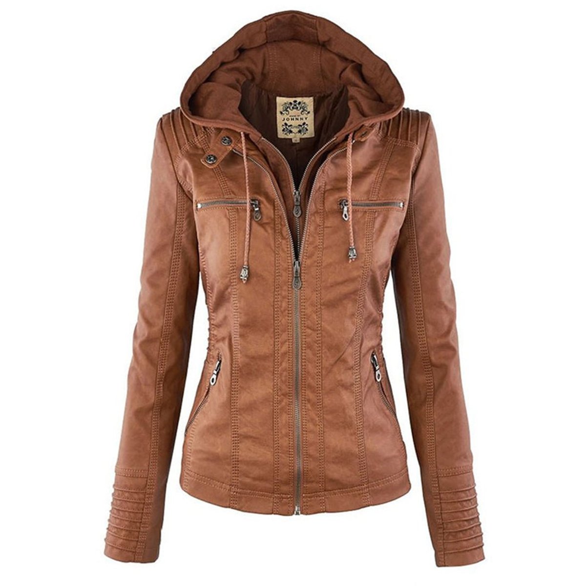 Lucinda removable-hood biker jacket in tan, front view with hood