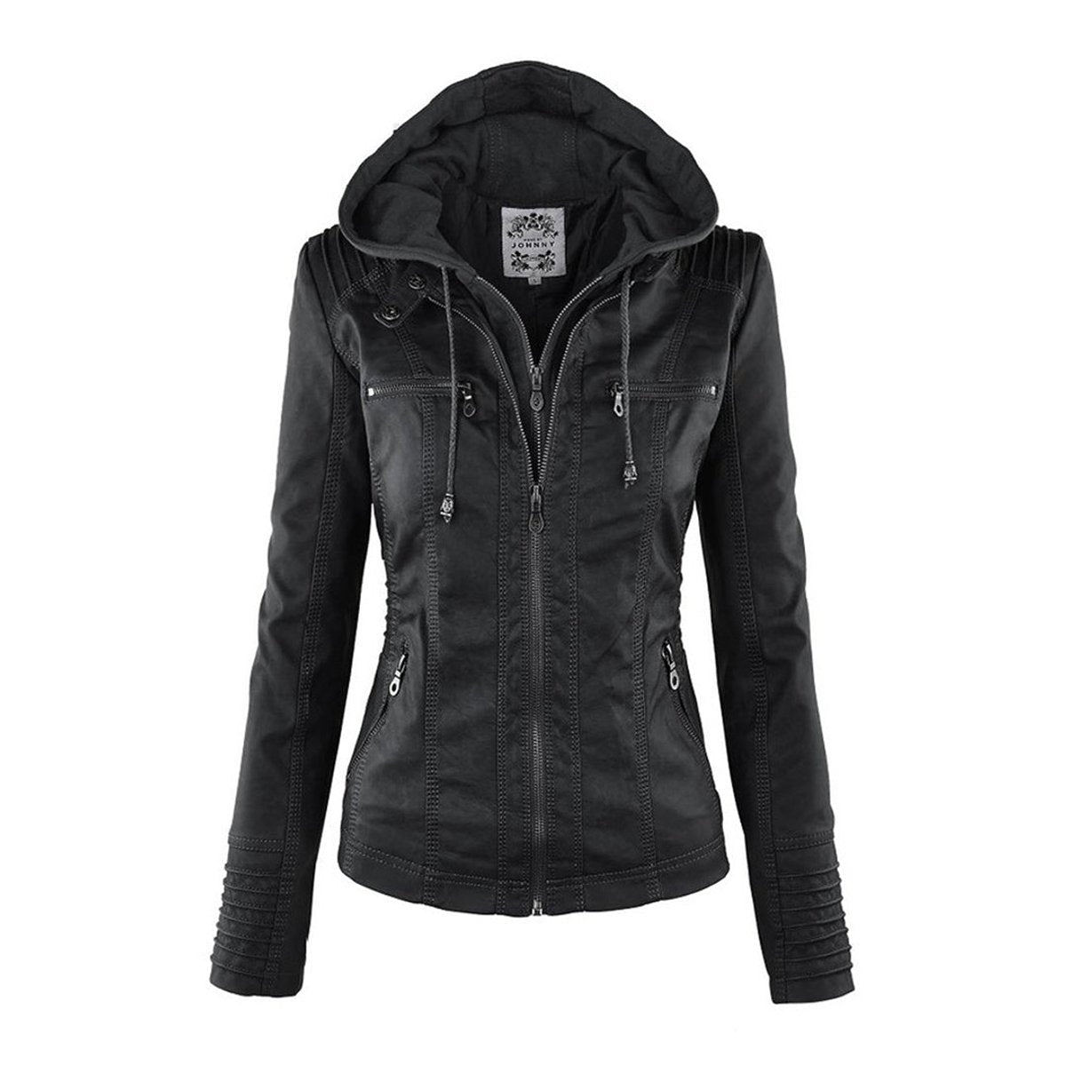 Lucinda removable-hood biker jacket in black, front view with hood