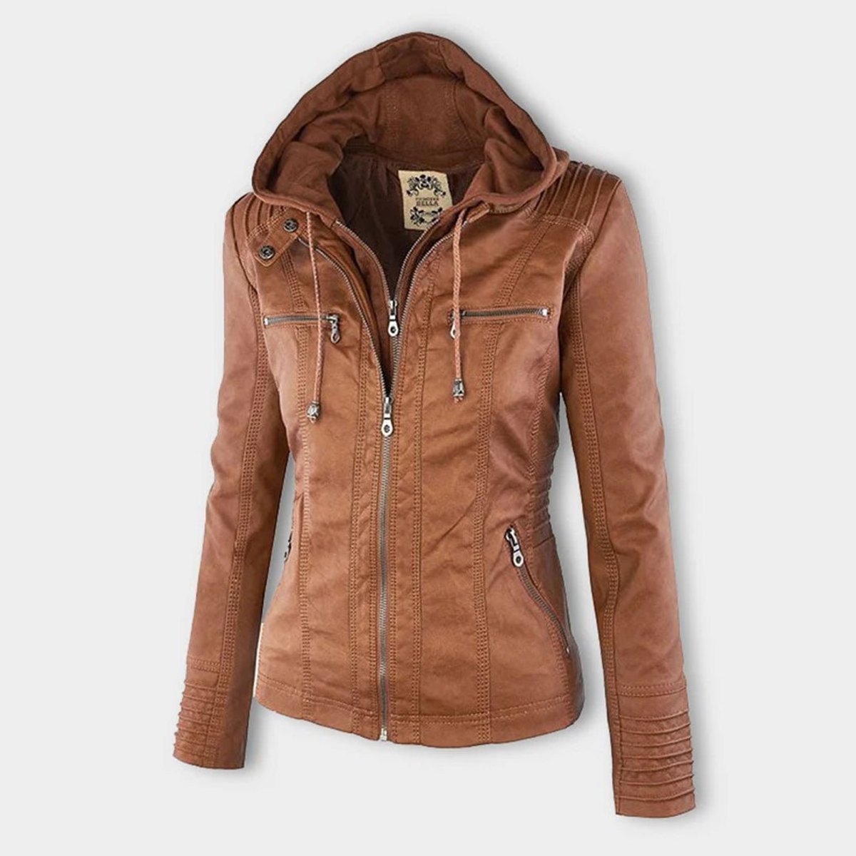 Lucinda removable-hood biker jacket in tan, angled front view