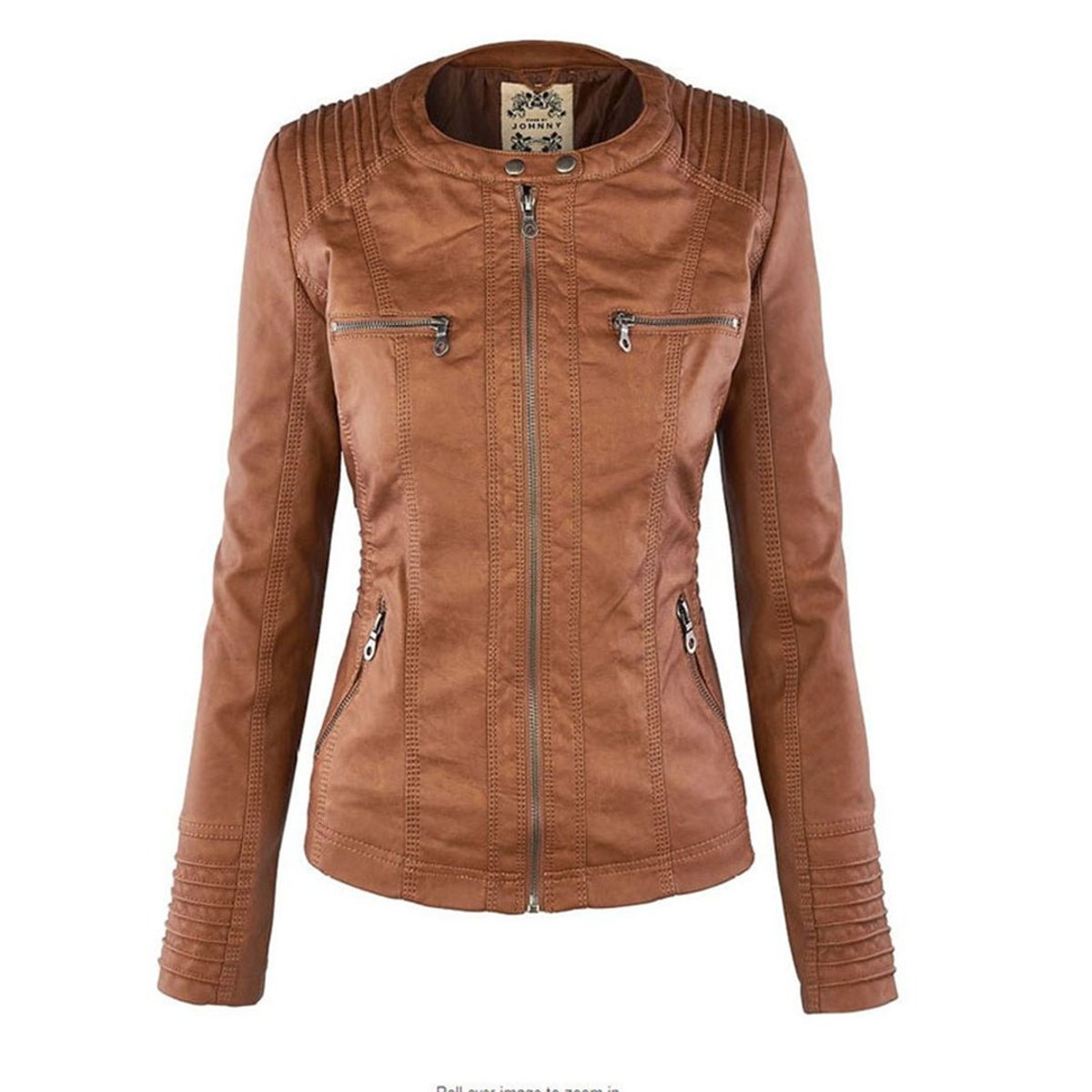 Lucinda biker jacket in tan with hood removed, front view showing round collar