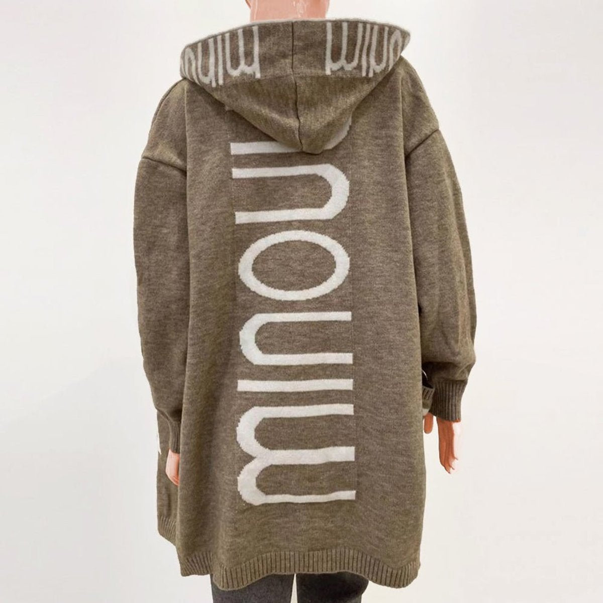 Rosabel hooded open-front cardigan in brown, back view with hood