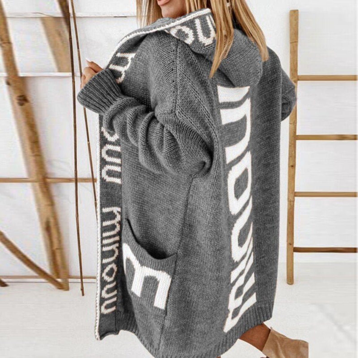Rosabel hooded open-front cardigan in grey, side view with patch pocket