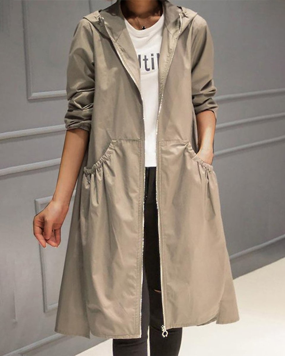 Kathleen long hooded trench coat in khaki, three-quarter front view