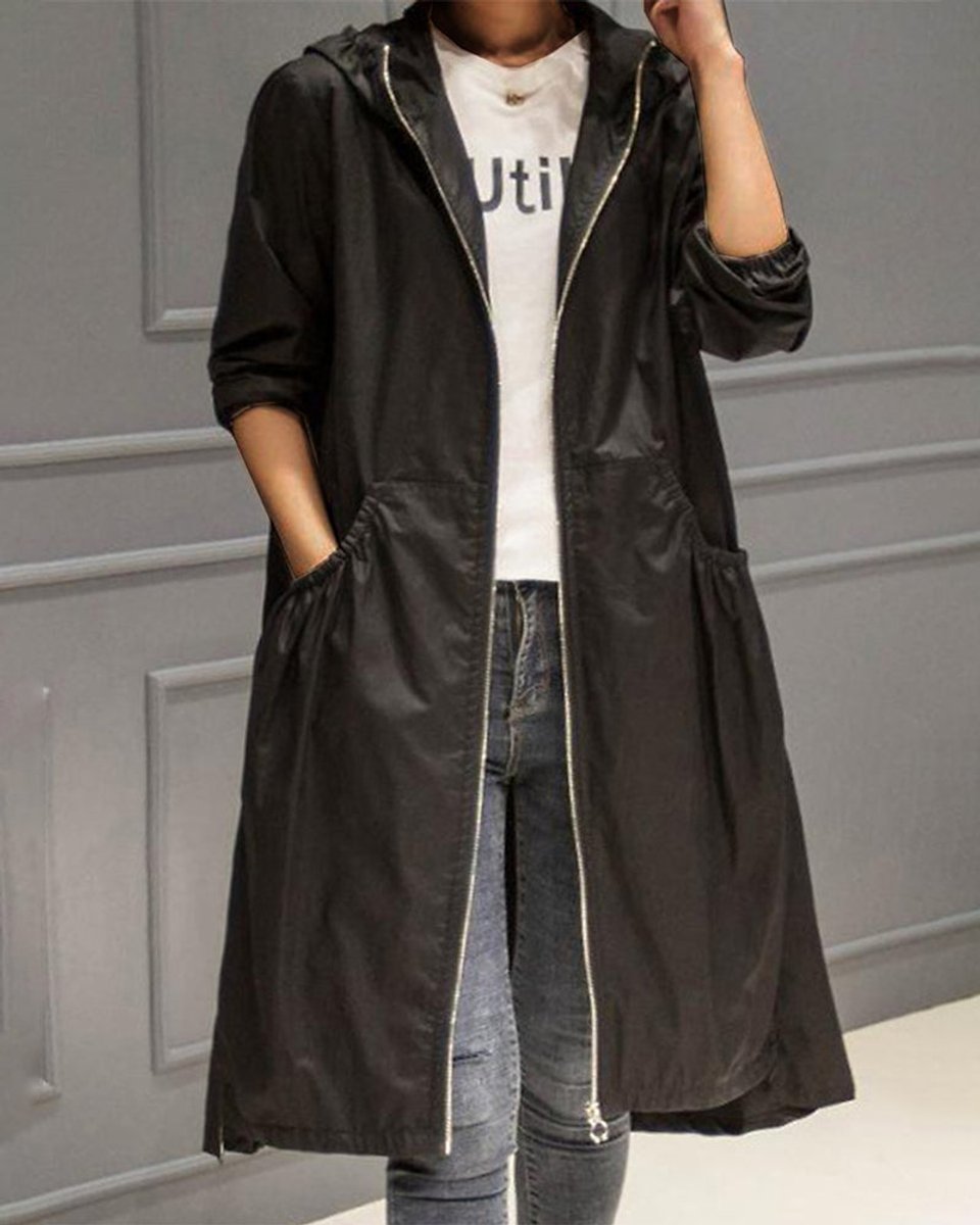 Kathleen | Long Hooded Zip-Front Trench Coat