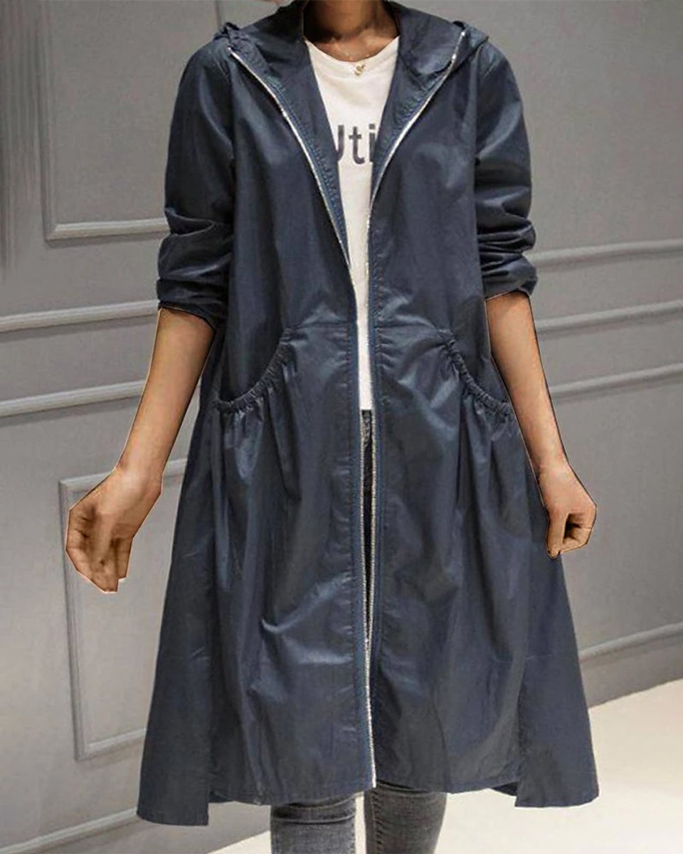 Kathleen | Long Hooded Zip-Front Trench Coat