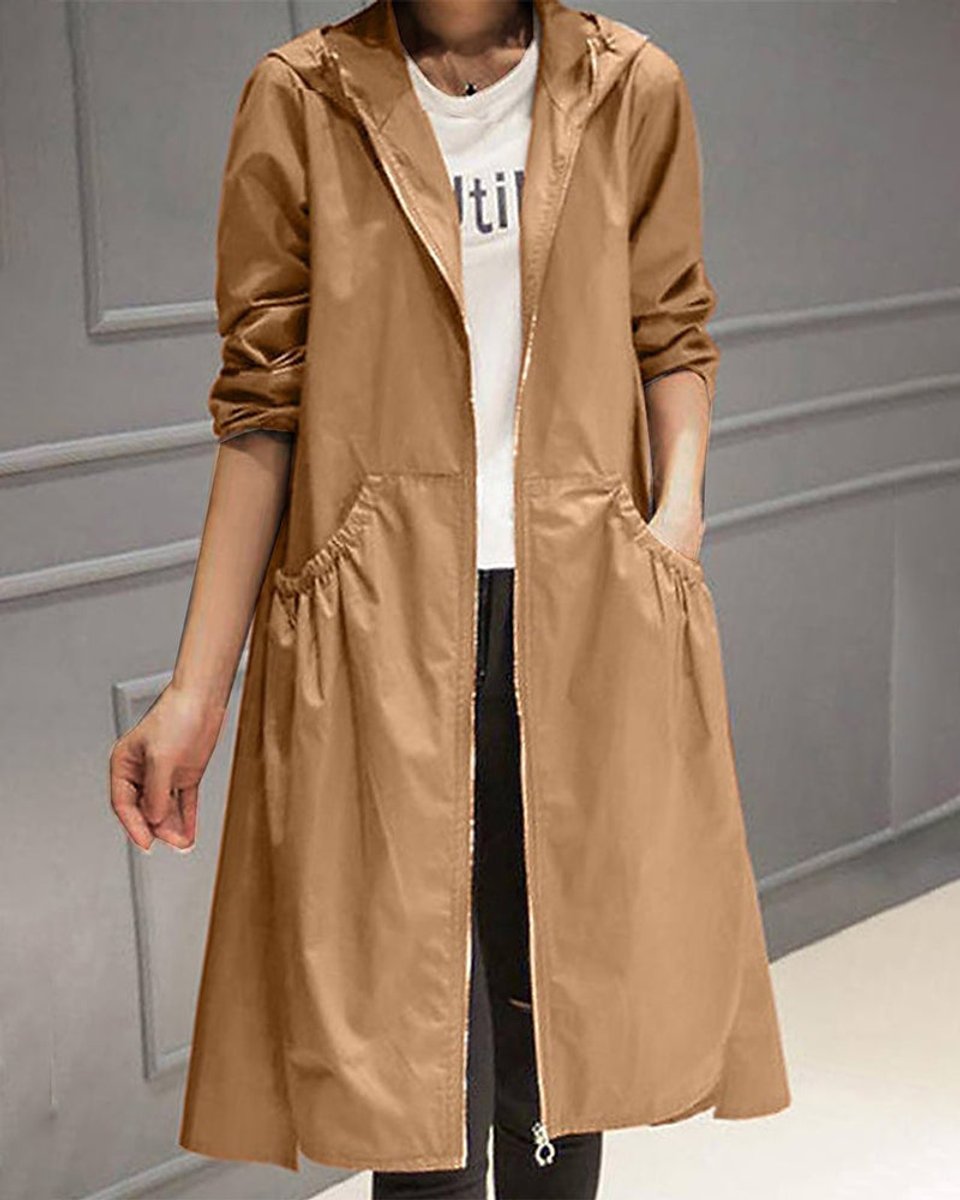 Kathleen long hooded trench coat in brown, front view with zip and side pockets