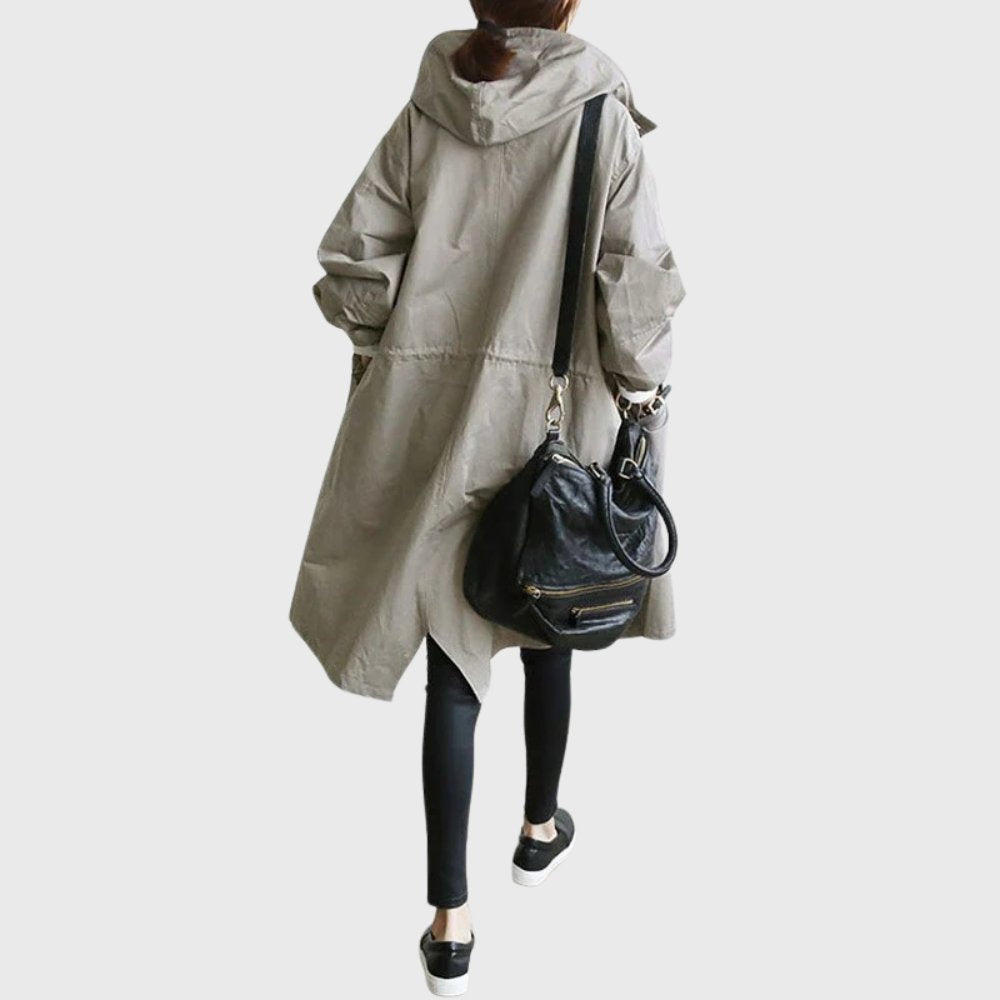 Ruth hooded longline trench coat in grey, back view with gathered waist