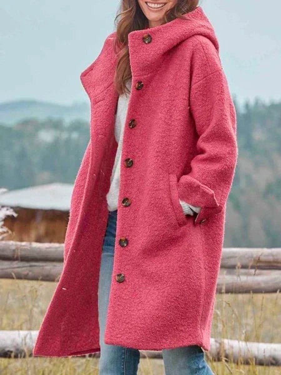 Eleanor long hooded coat in pink, front view with hood and buttons