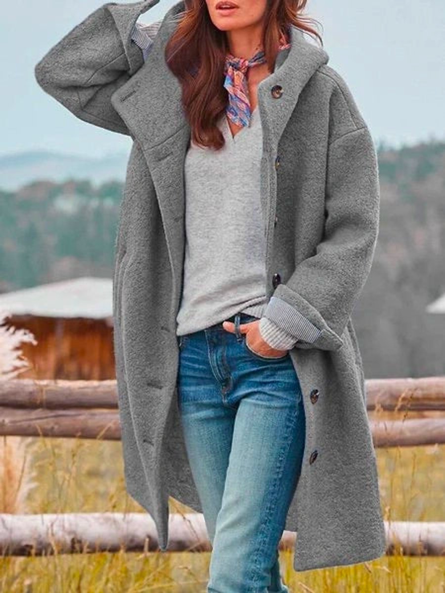 Eleanor long hooded coat in grey, three-quarter front view