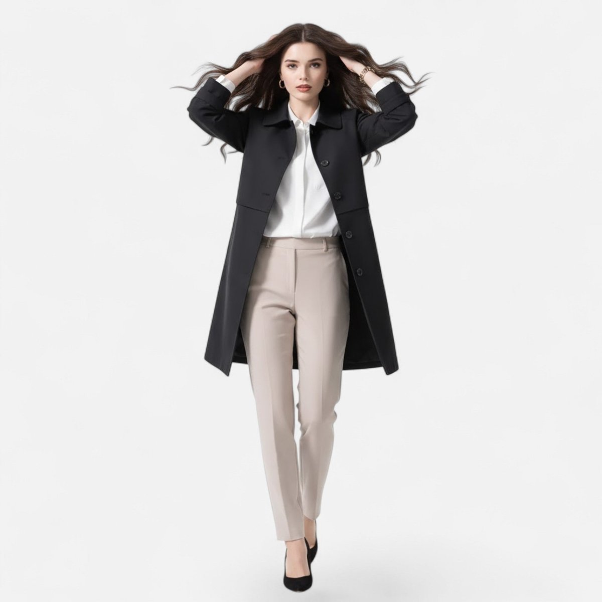 Margery tailored mid-length coat in black, worn open, full-length front view
