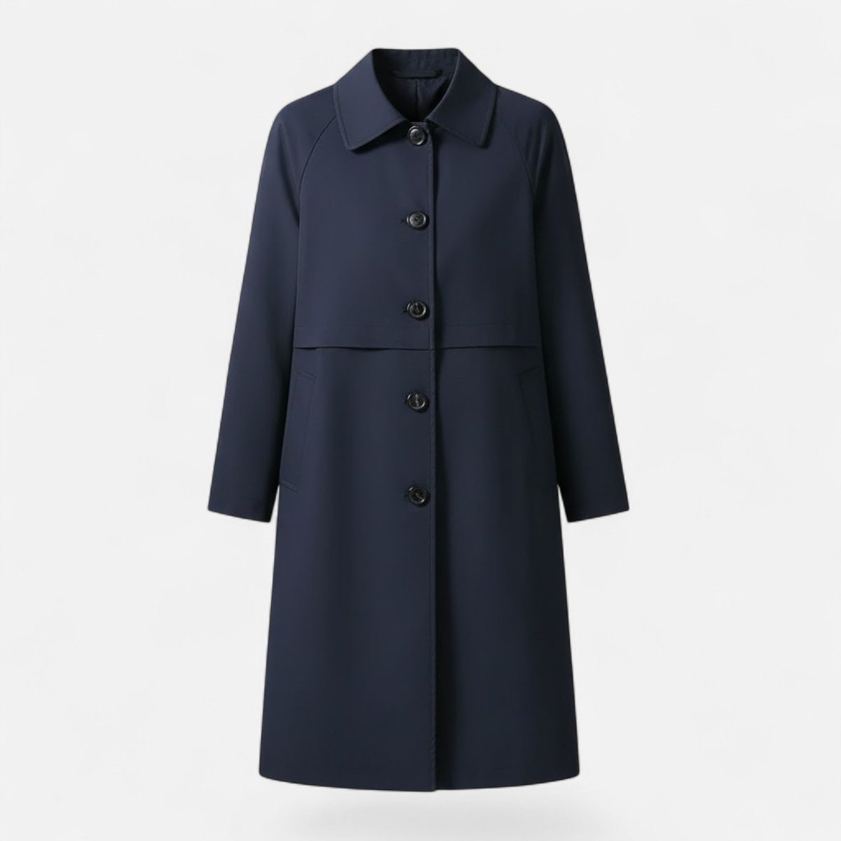 Margery tailored mid-length coat in navy blue, front view with pointed collar