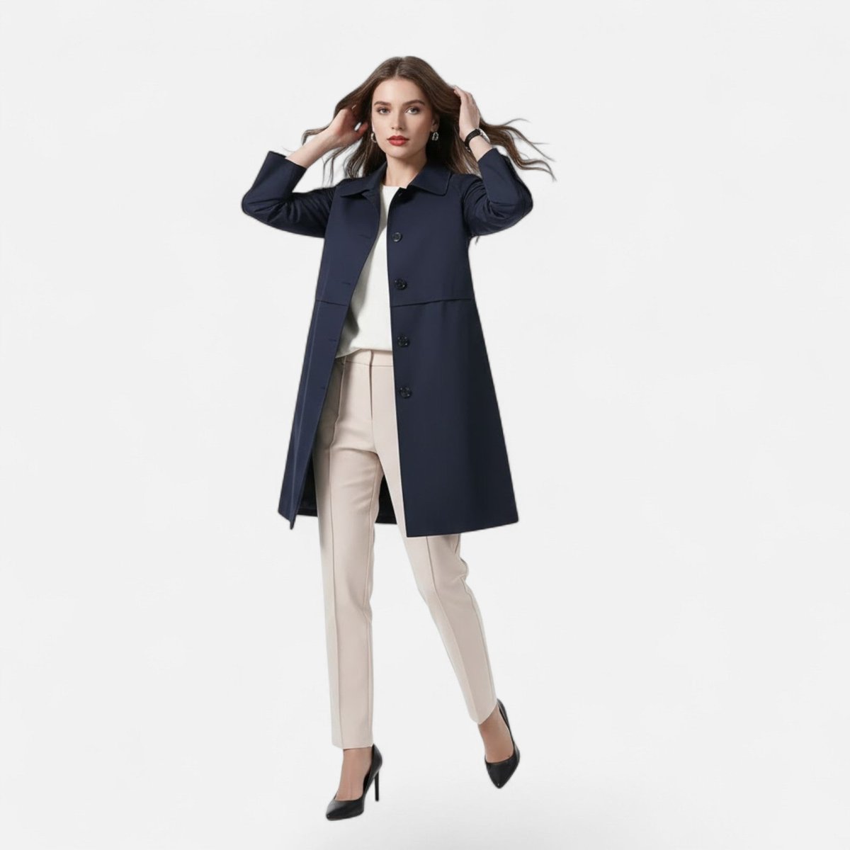 Margery tailored mid-length coat in navy blue, full-length front view