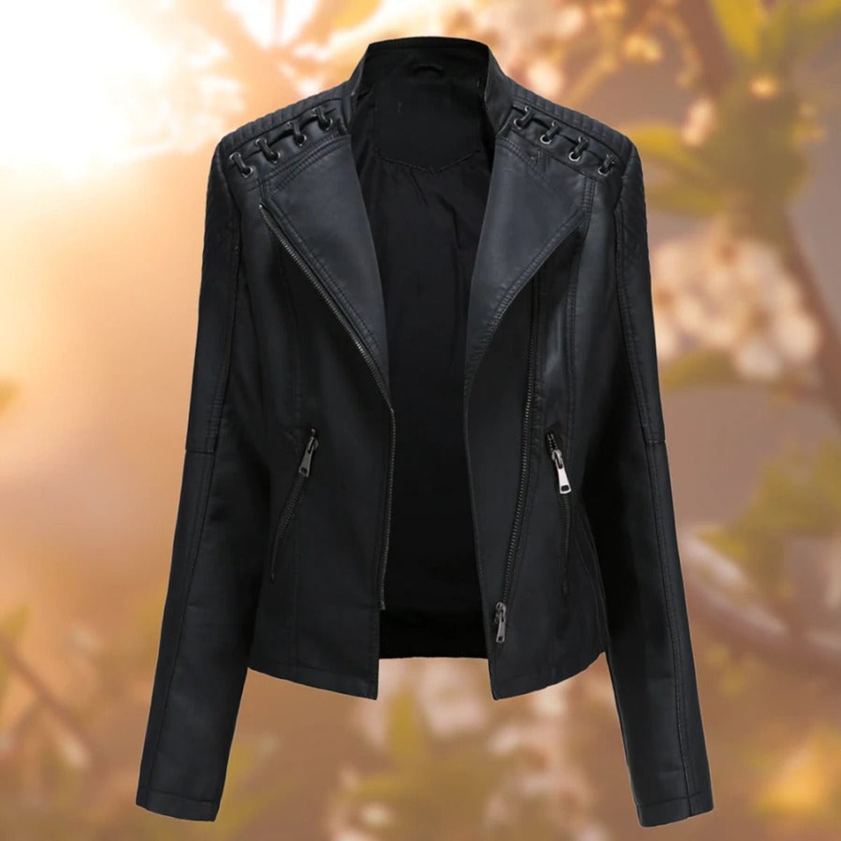 Bridget laced-shoulder biker jacket in black, front view