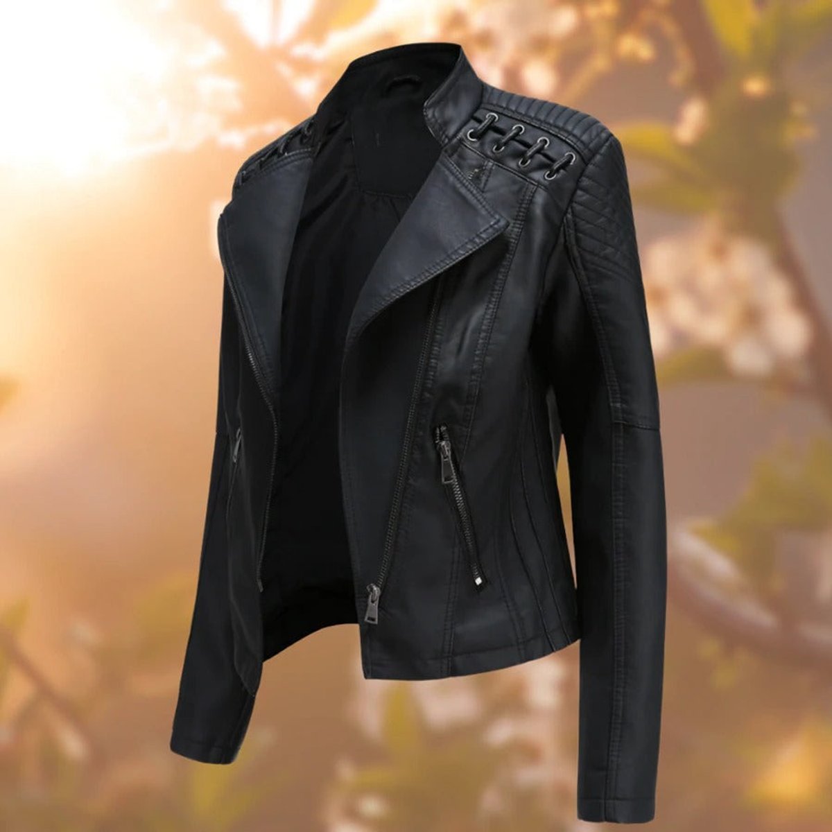 Bridget laced-shoulder biker jacket in black, three-quarter side view