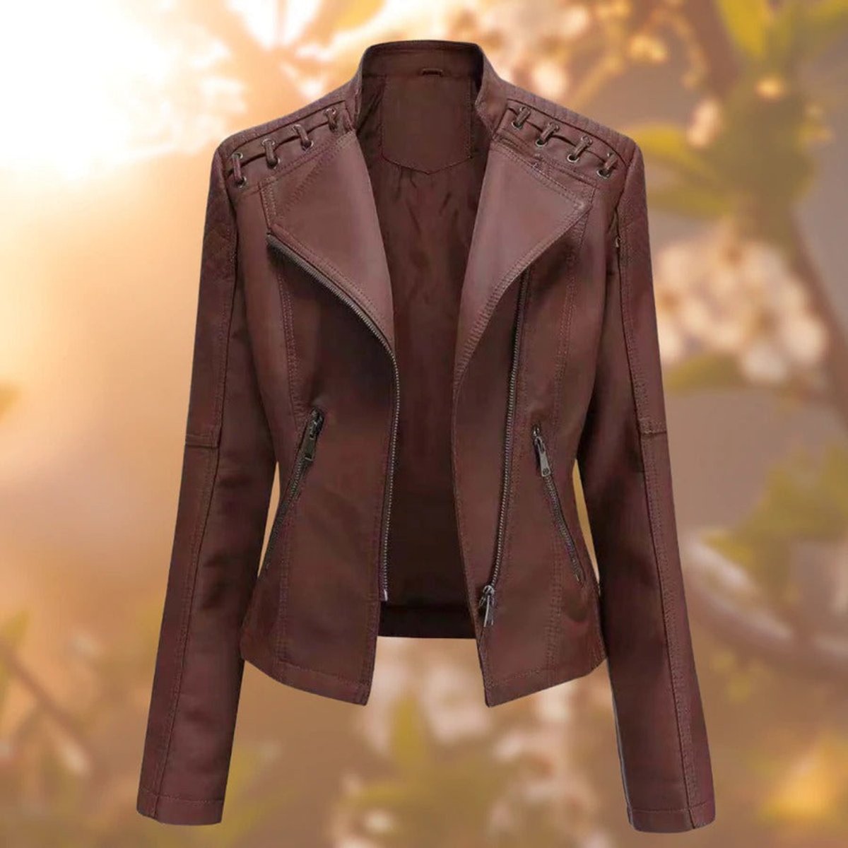 Bridget laced-shoulder biker jacket in dark brown, front view