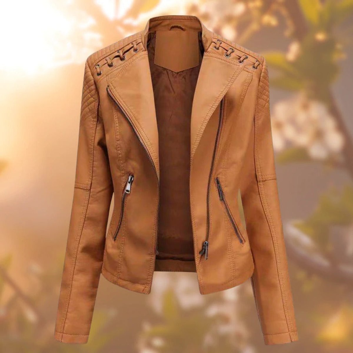 Bridget laced-shoulder biker jacket in orange, front view