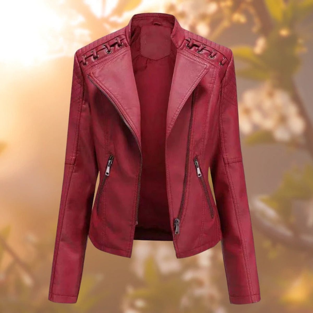 Bridget laced-shoulder biker jacket in dark red, front view