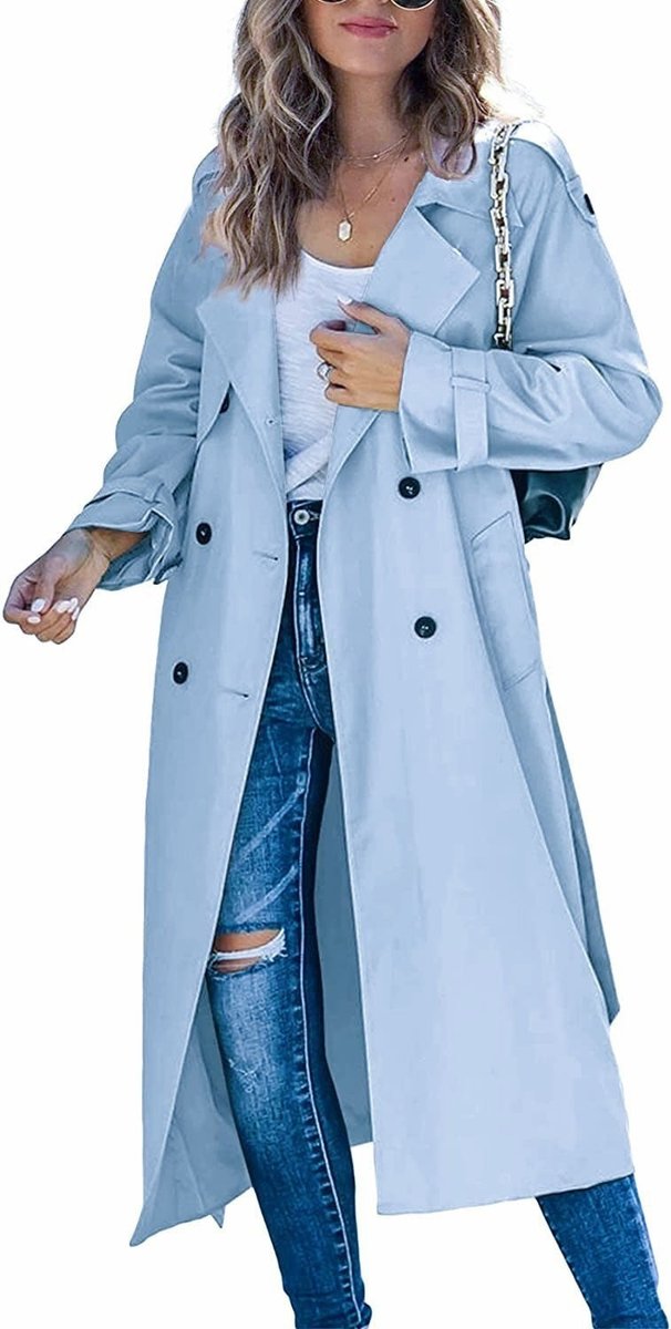 Juliet long double-breasted trench coat in light blue, full-length front view