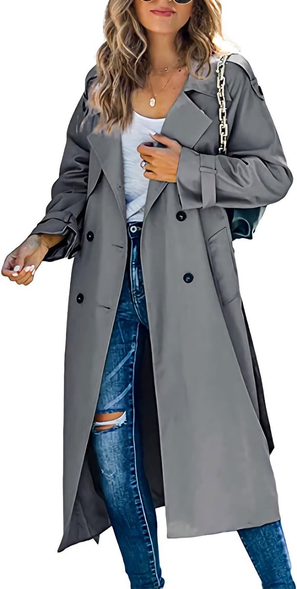 Juliet long double-breasted trench coat in grey, full-length front view