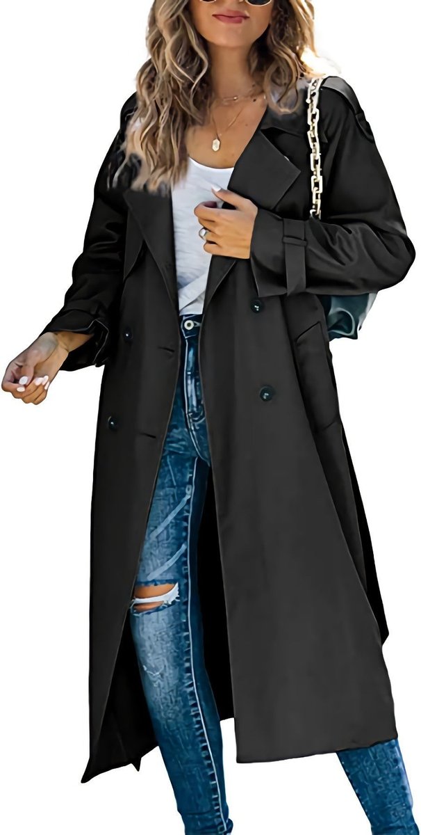 Juliet long double-breasted trench coat in black, full-length front view