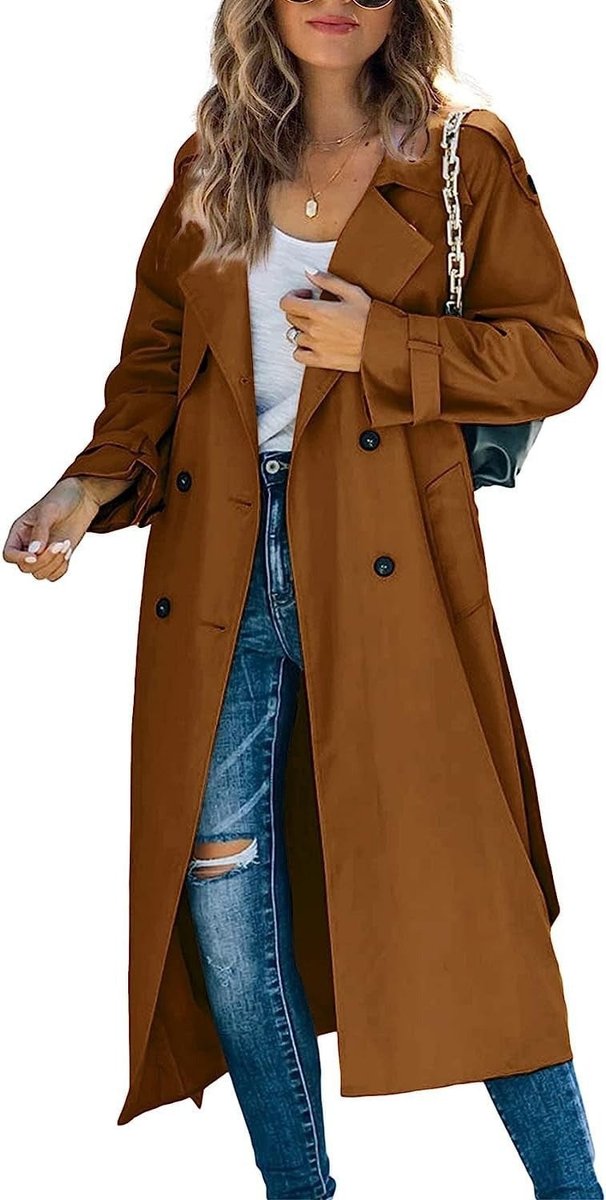 Juliet long double-breasted trench coat in brown, worn open over jeans