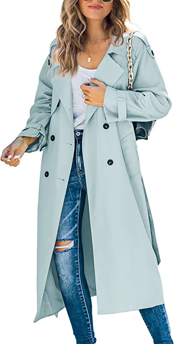 Juliet long double-breasted trench coat in light green, full-length front view