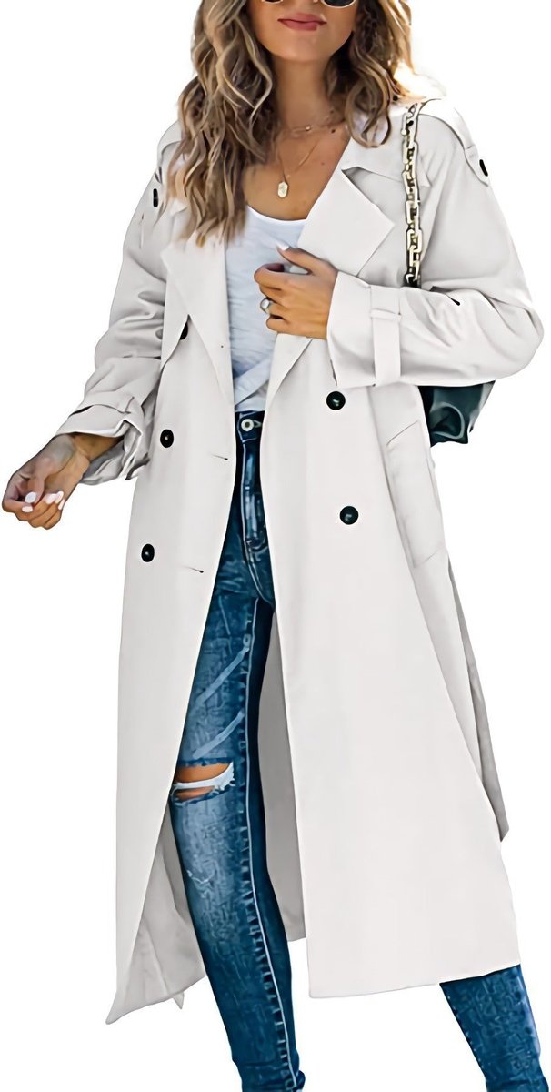 Juliet long double-breasted trench coat in white, full-length front view