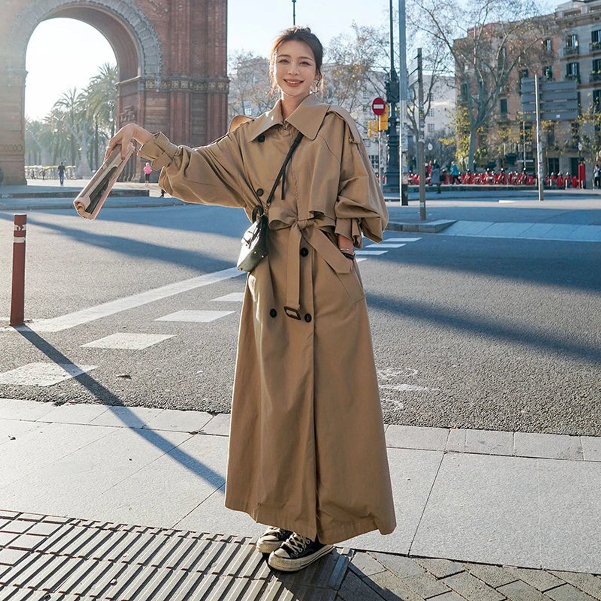 Kay oversized maxi trench coat in khaki, belted, full-length view with voluminous sleeves