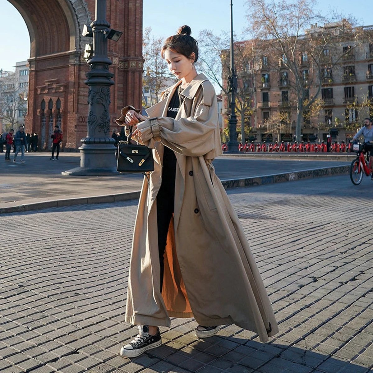 Kay oversized maxi trench coat in khaki, worn open, full-length side view