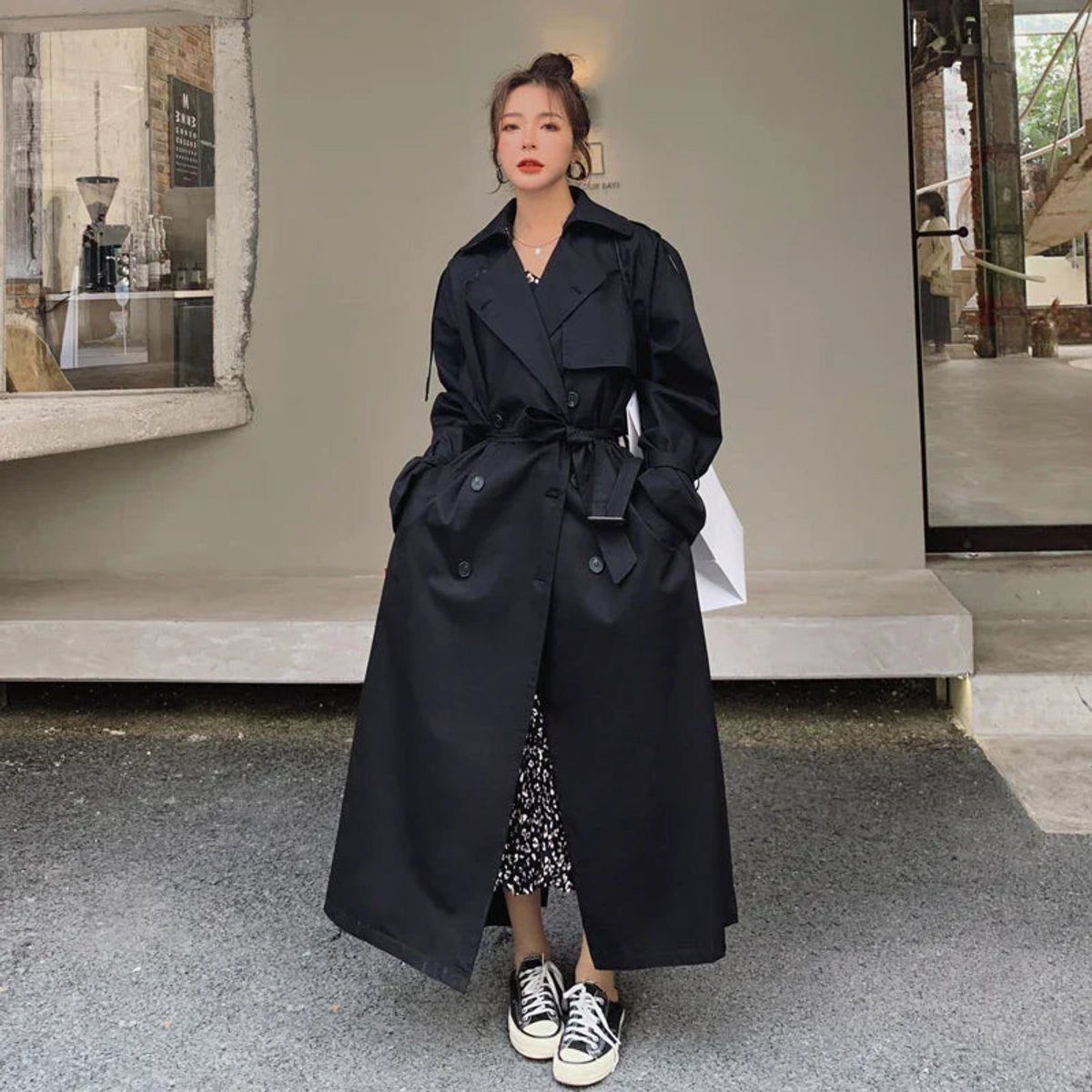 Kay oversized maxi trench coat in black, belted, full-length front view