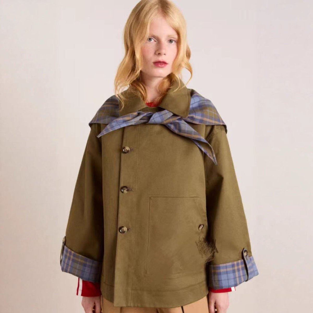 Lorna oversized utility jacket in olive green, front view with patch pocket and check cuffs