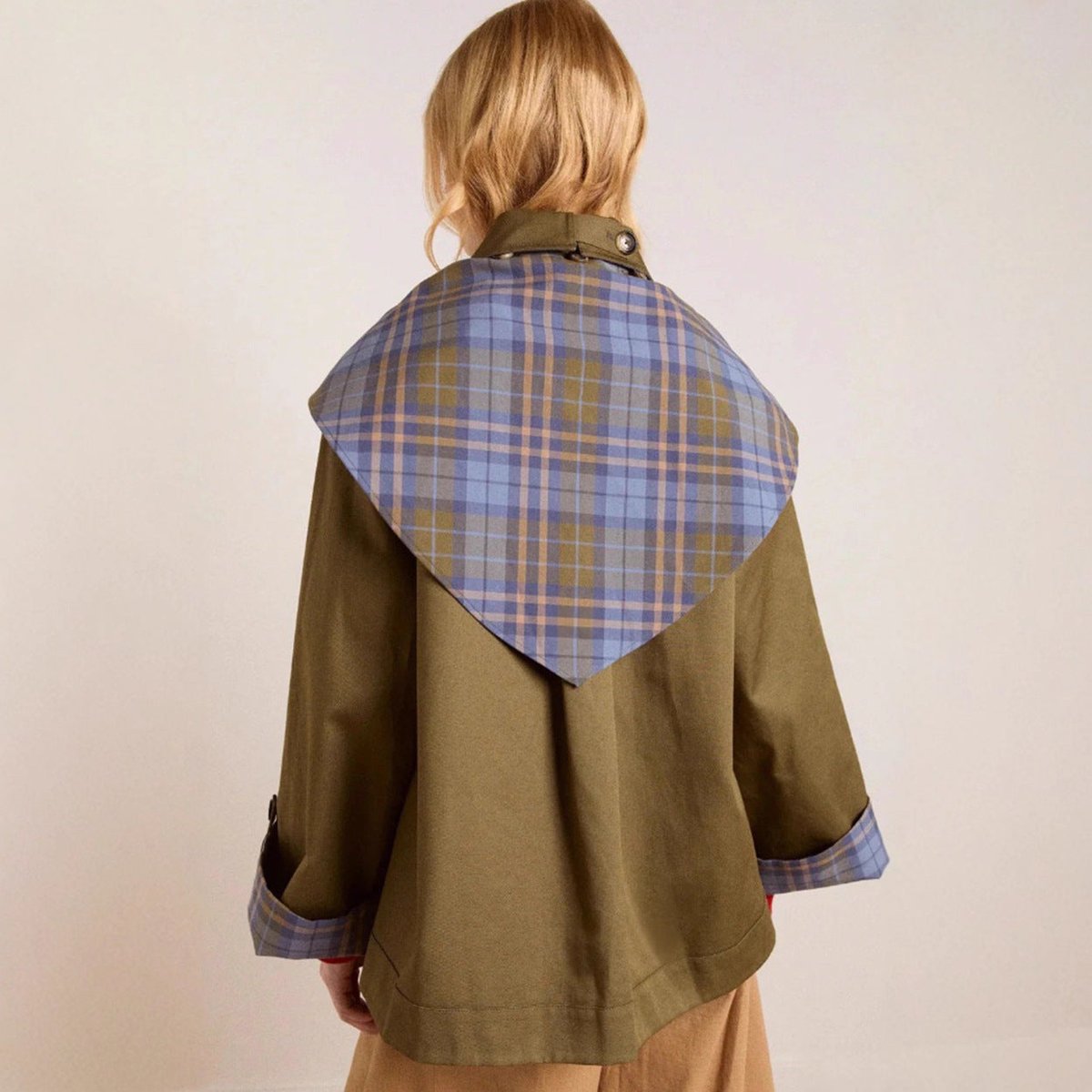 Lorna oversized utility jacket in olive green, back view with check scarf collar