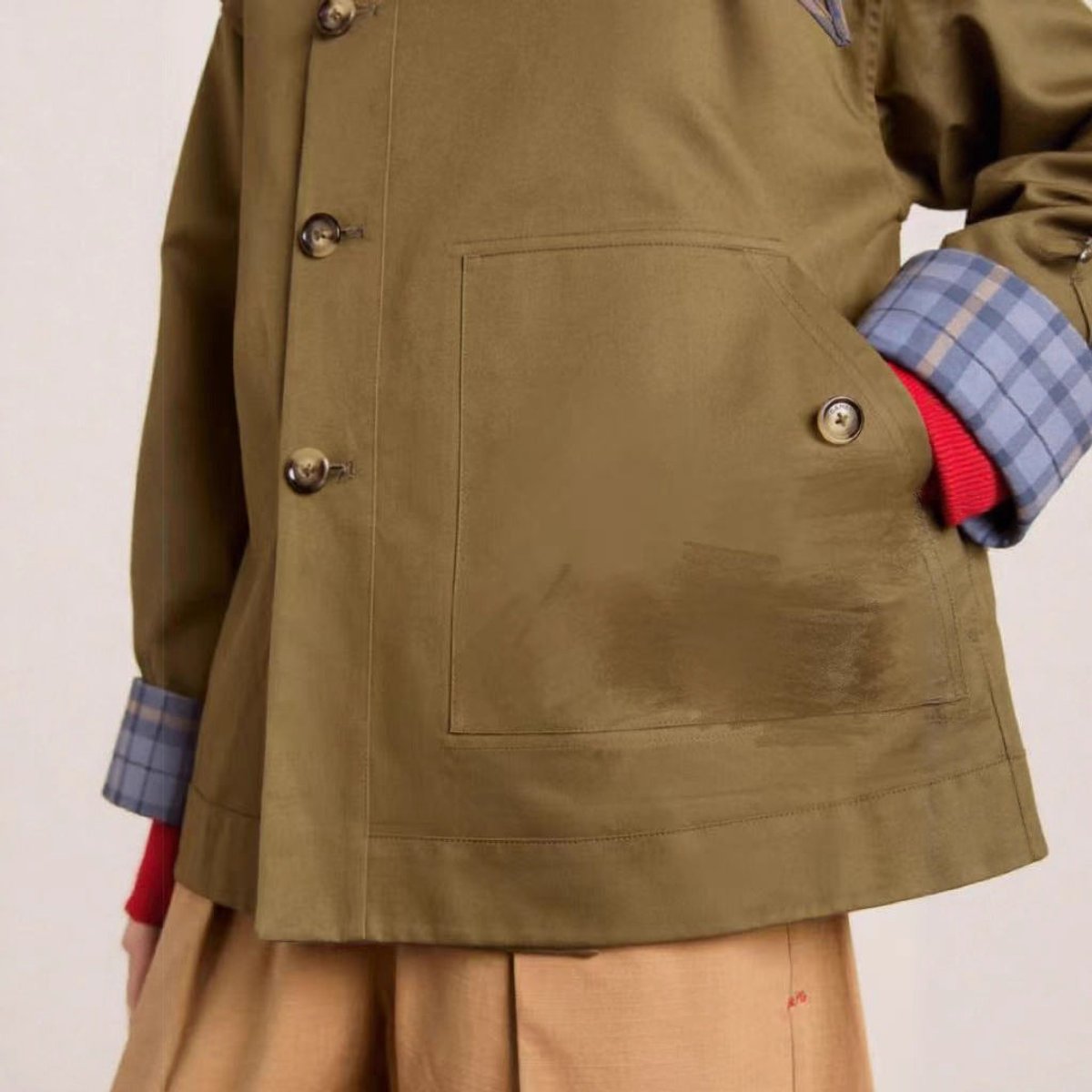 Lorna oversized utility jacket in olive green, close-up of buttons, patch pocket and cuff