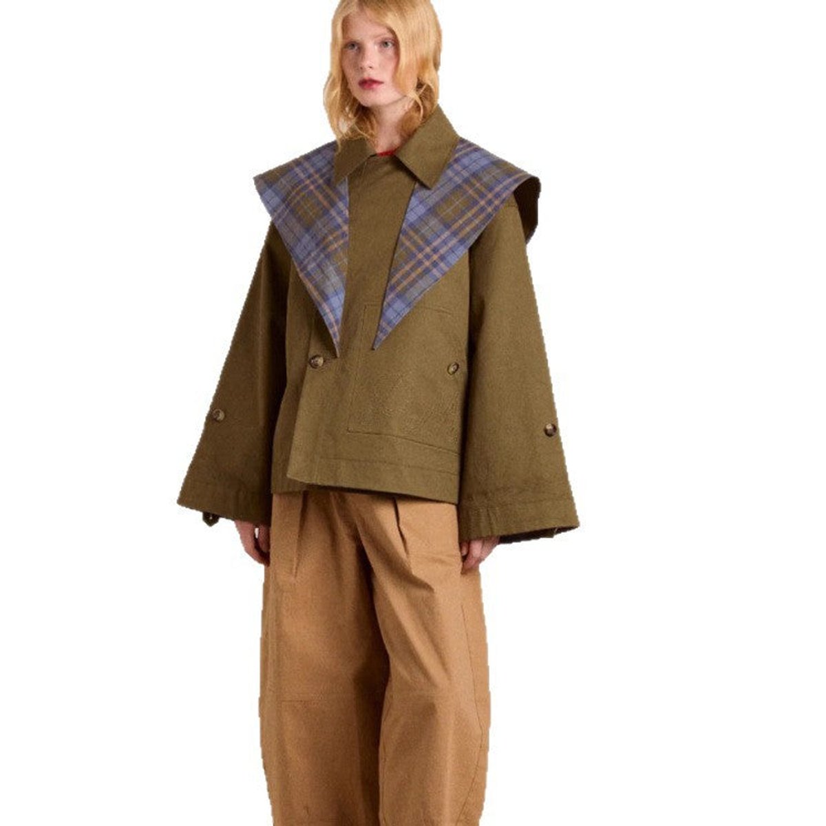 Lorna oversized utility jacket in olive green, fastened front view with wide trousers