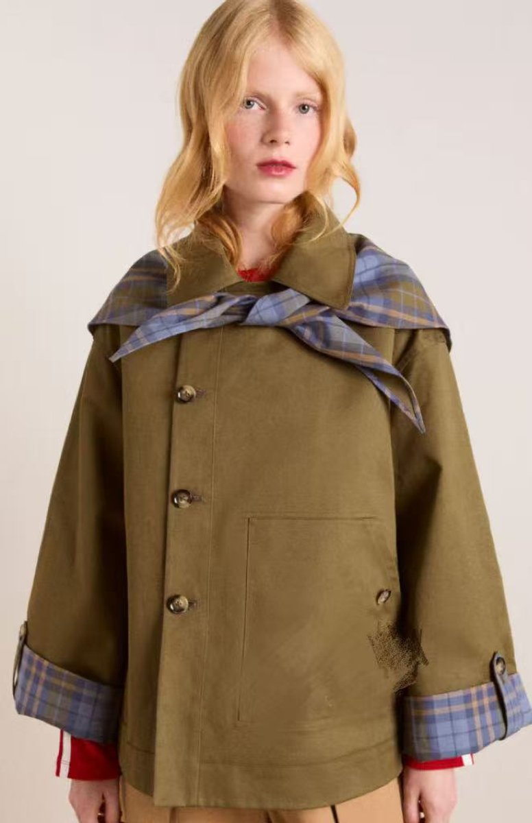 Lorna oversized utility jacket in olive green, front view with knotted check scarf collar