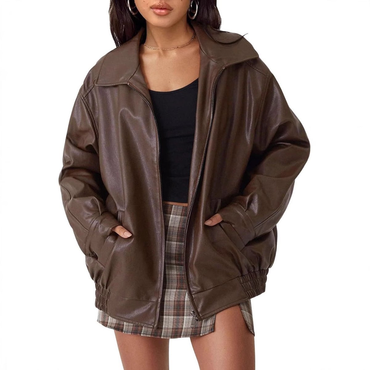 Nicola oversized zip bomber jacket in dark brown, front view worn open