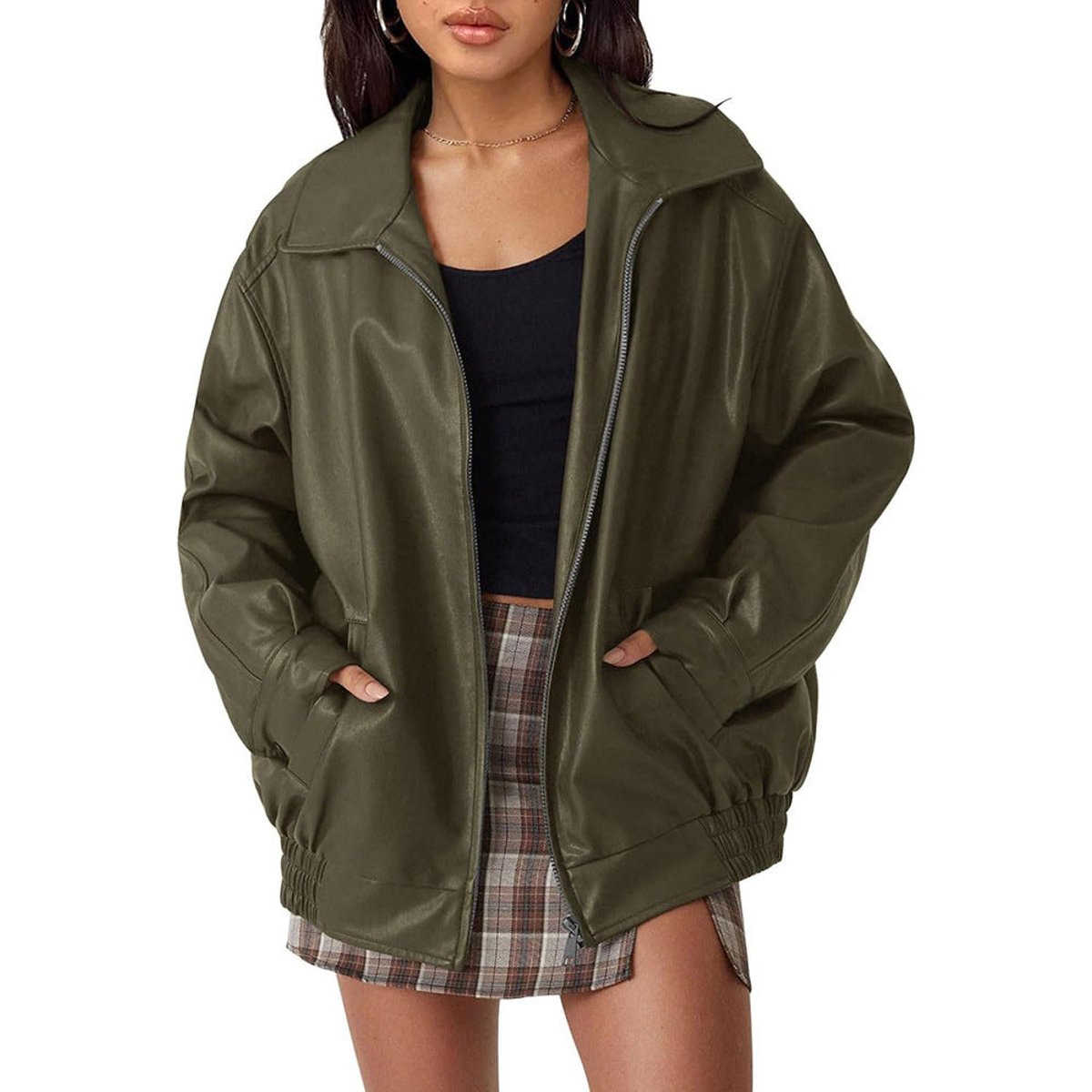 Nicola oversized zip bomber jacket in olive green, front view worn open