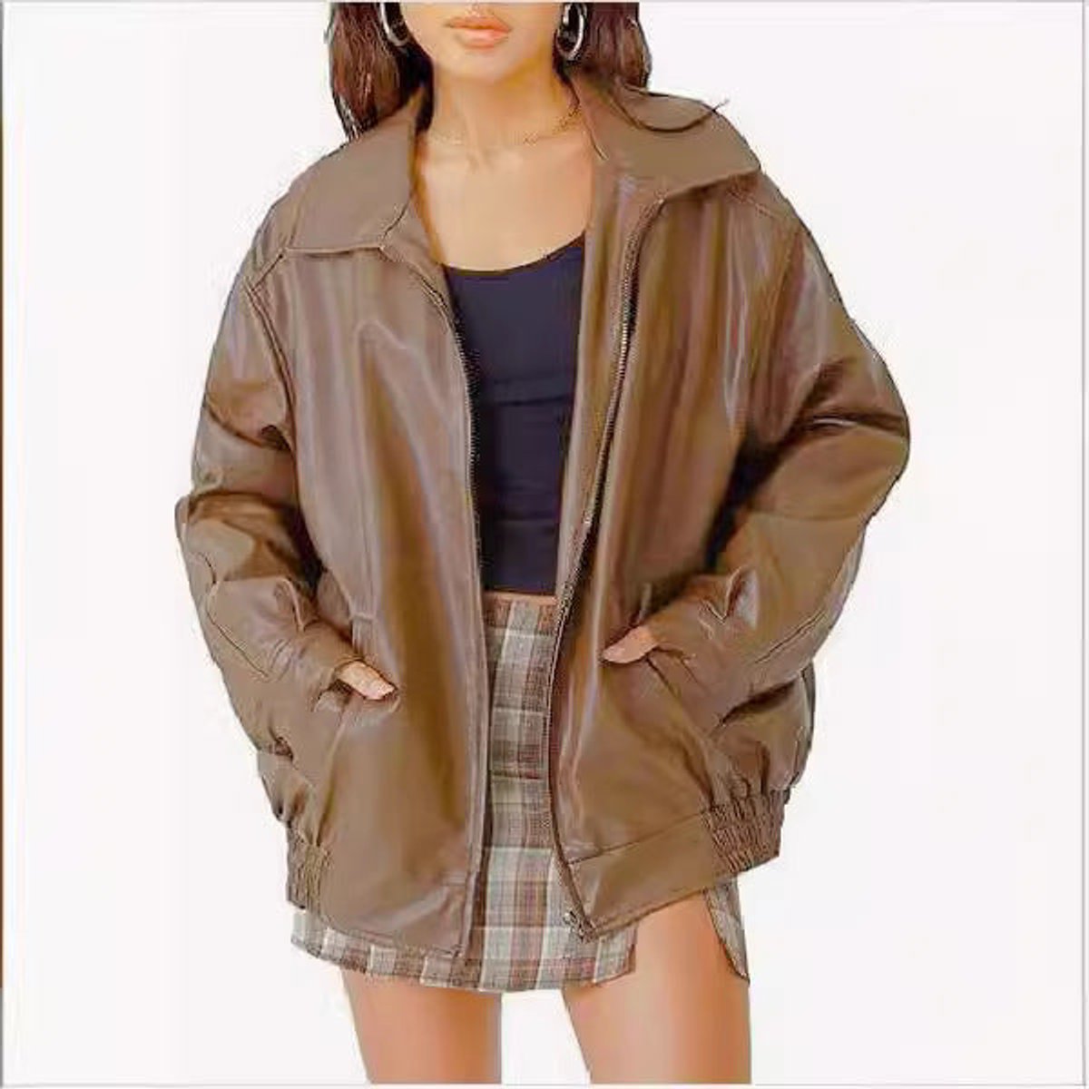 Nicola oversized zip bomber jacket in camel, front view worn open