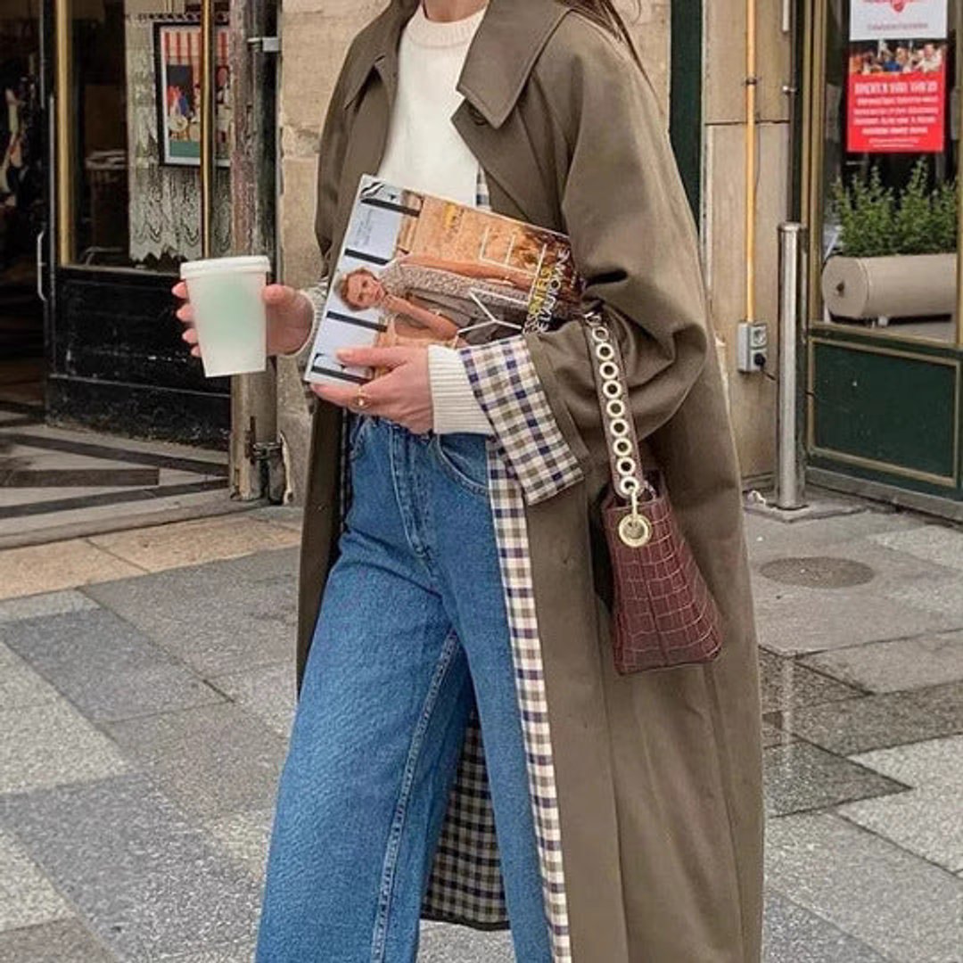 Pippa long oversized trench coat in khaki, street-style front view with jeans