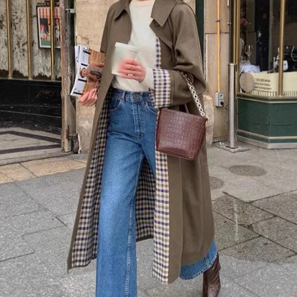 Pippa long oversized trench coat in khaki, full-length view with check-print edges