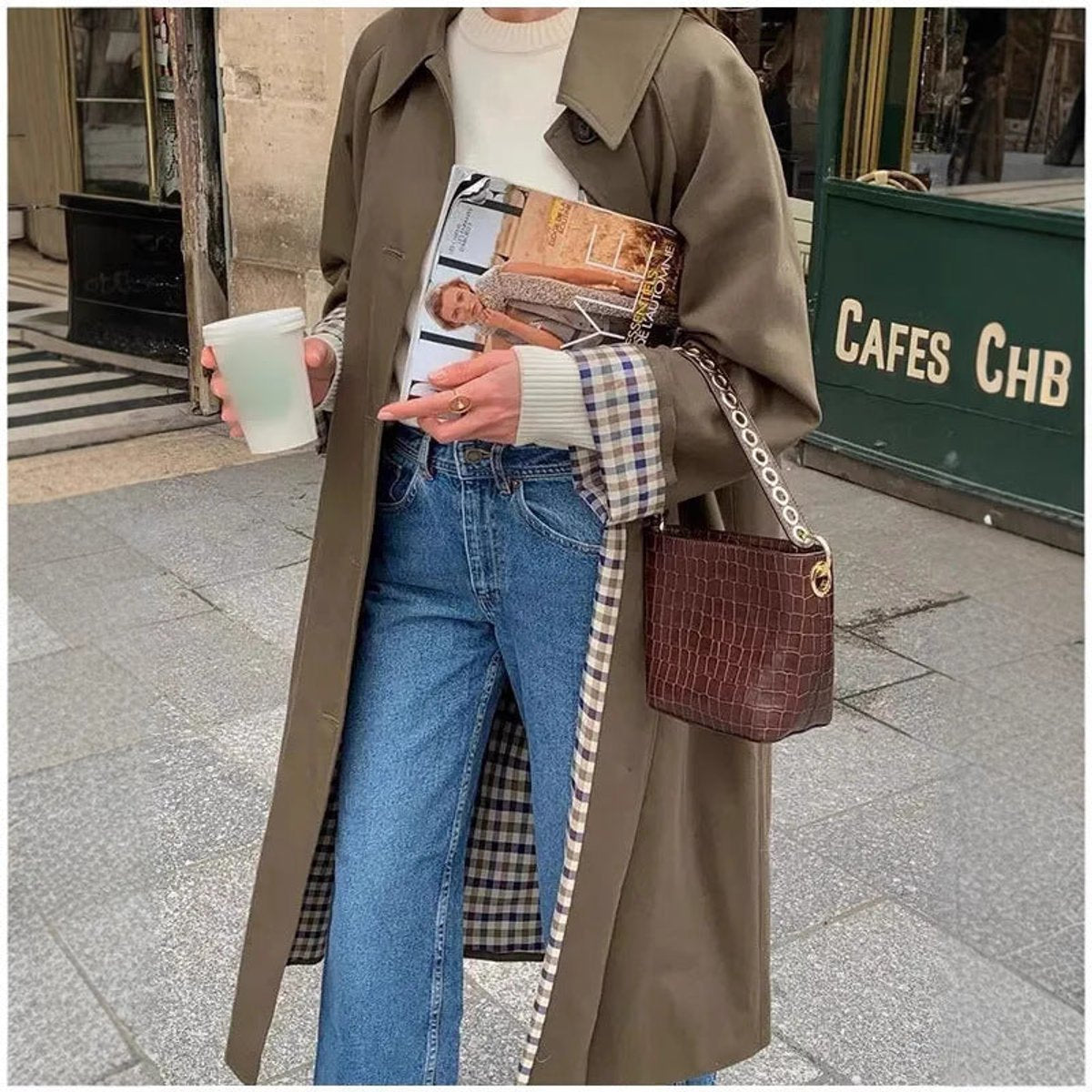 Pippa long oversized trench coat in khaki, front view with turned-back check cuffs