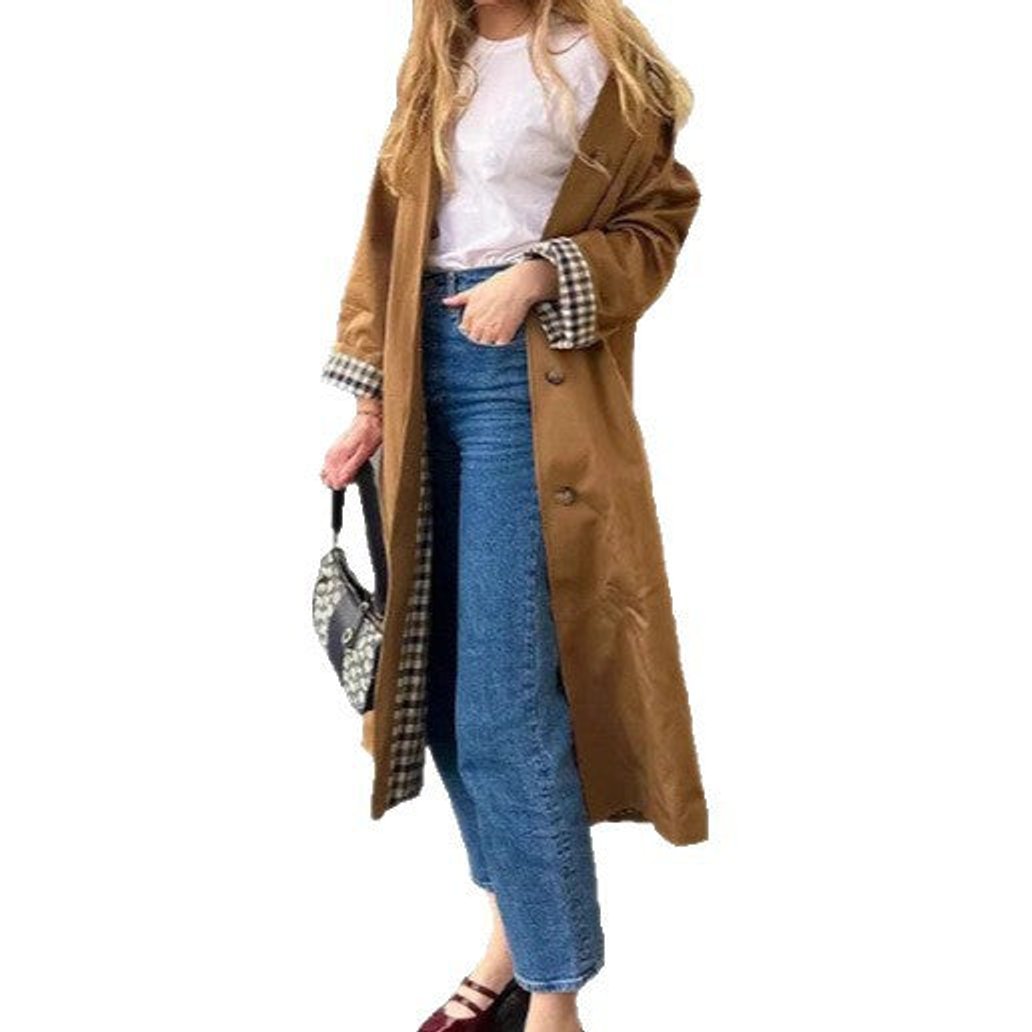 Pippa long oversized trench coat in khaki, full-length view with button front