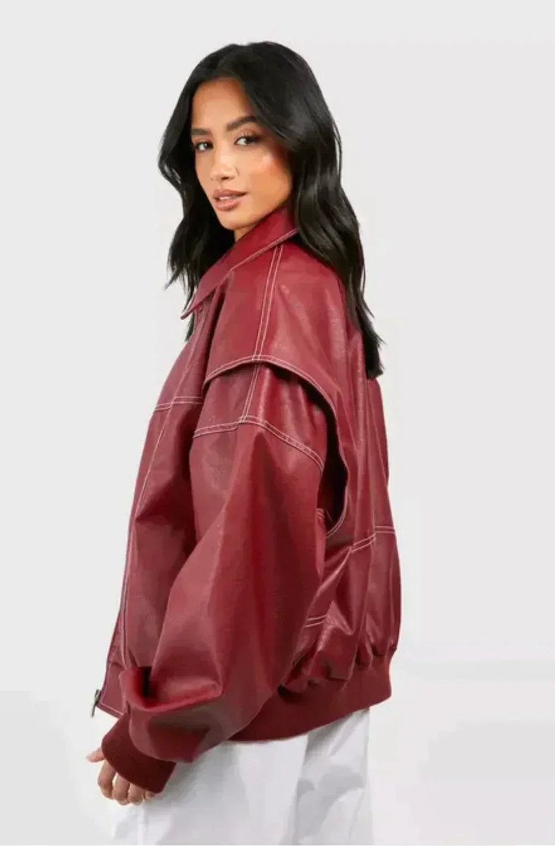 Joyce oversized bomber jacket in wine red, side back view
