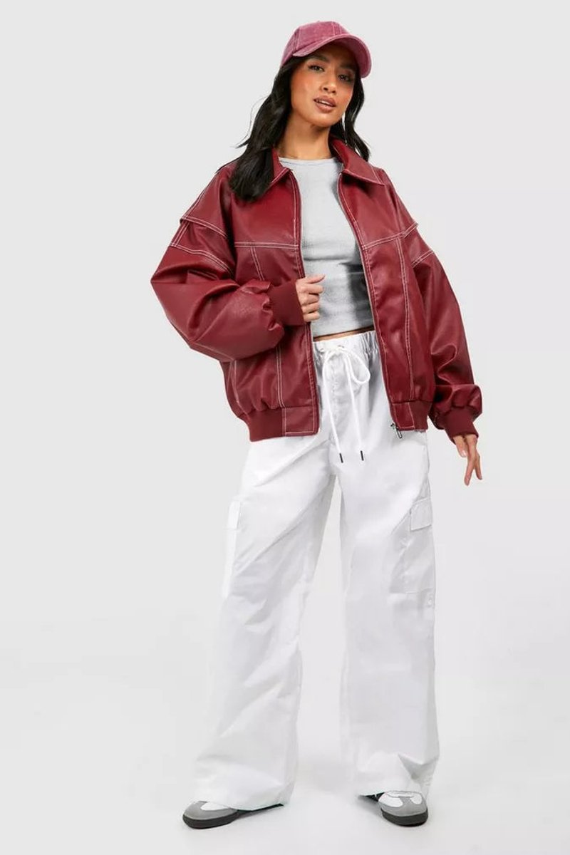 Joyce oversized bomber jacket in wine red, full-length front view