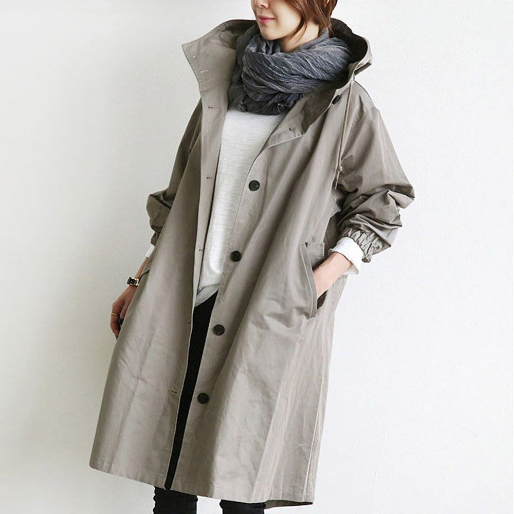 Maisie oversized hooded coat in grey, three-quarter front view with scarf