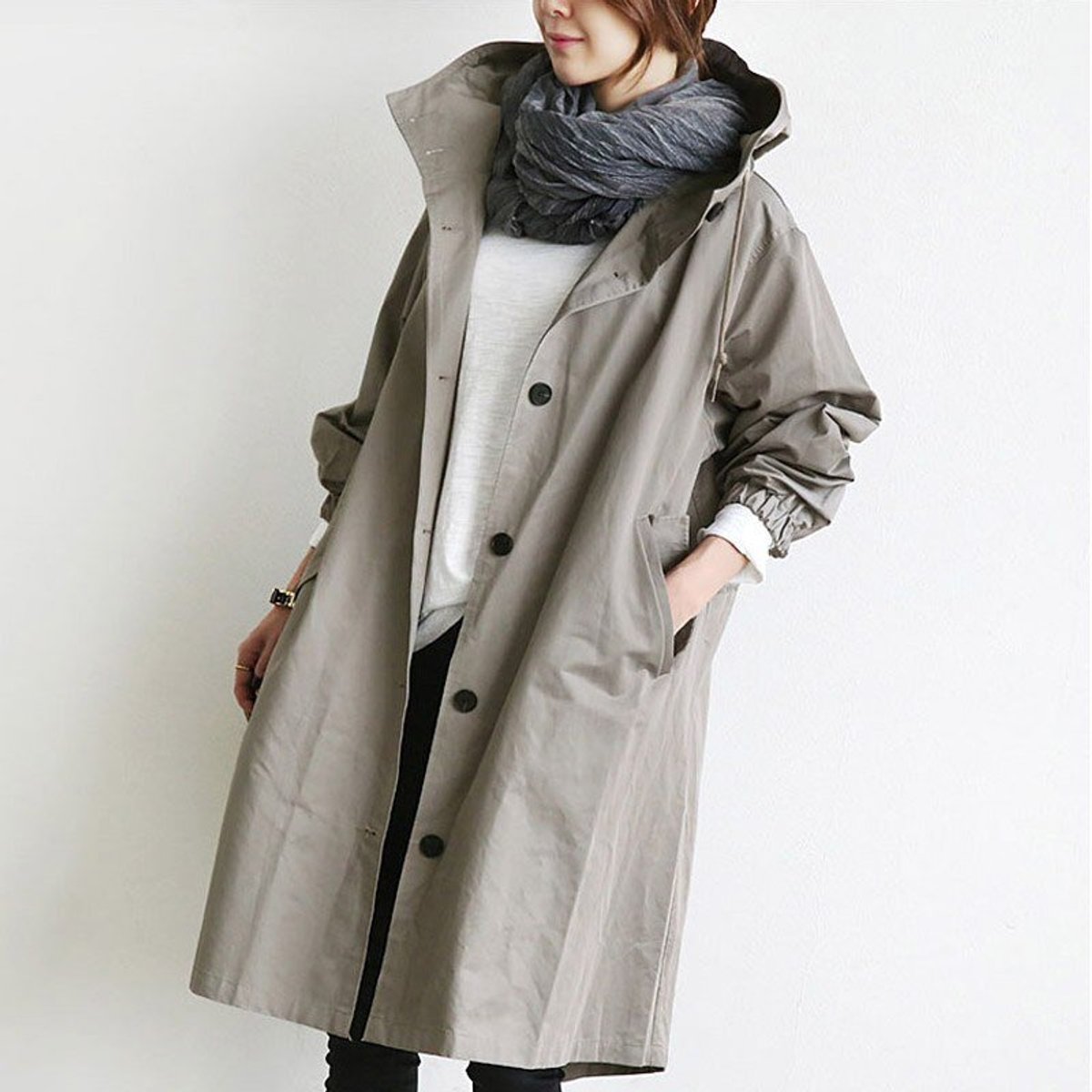 Maisie oversized hooded coat in grey, three-quarter front view with scarf