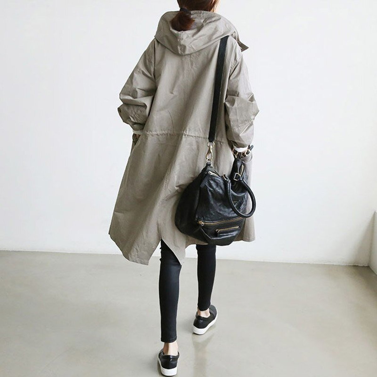 Maisie oversized hooded coat in grey, back view with gathered waist