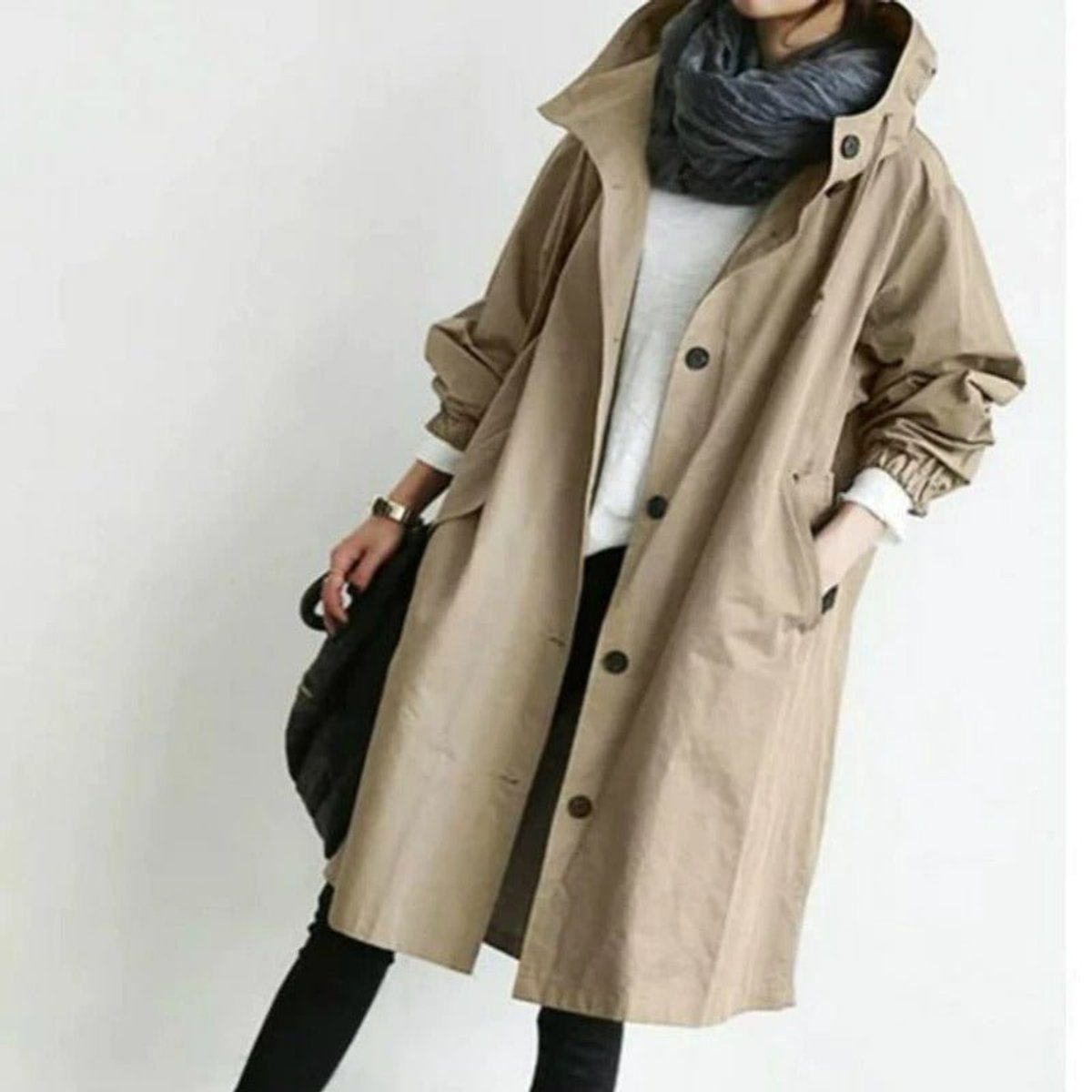 Maisie oversized hooded coat in brown, front view with stand collar