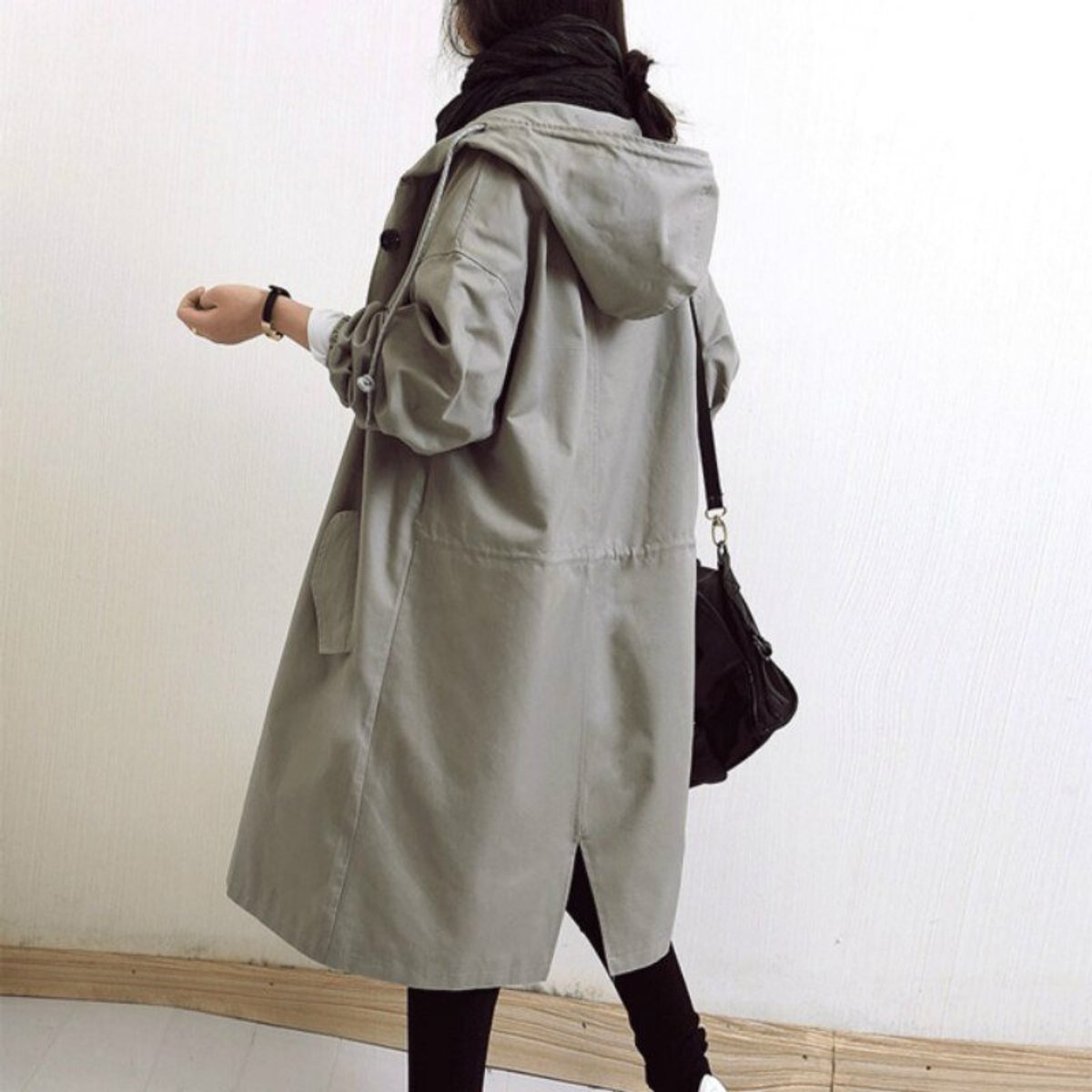 Maisie oversized hooded coat in grey, three-quarter back view with hood
